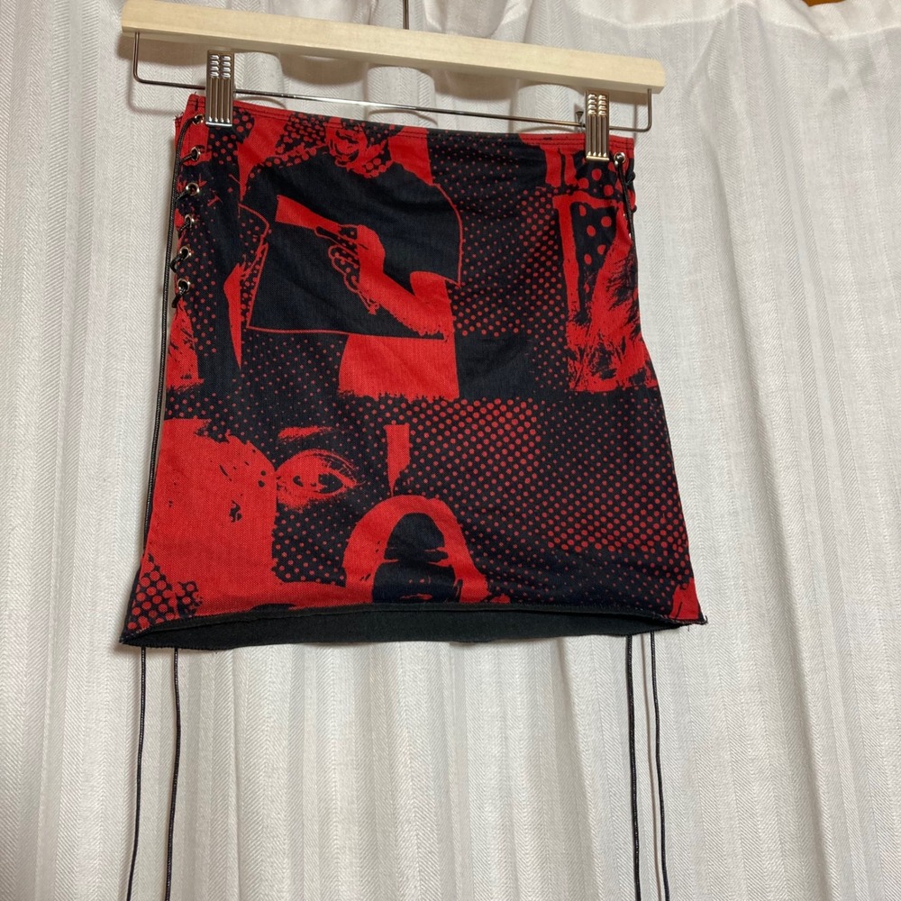 Edikted Red Black Graphic Print Lace Up Mini Skirt XS Y2K Punk Grunge Edgy Goth